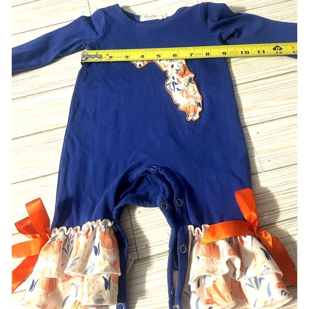 marie nicole clothing ruffle romper Florida floral orange blue Gators 3-6 months
